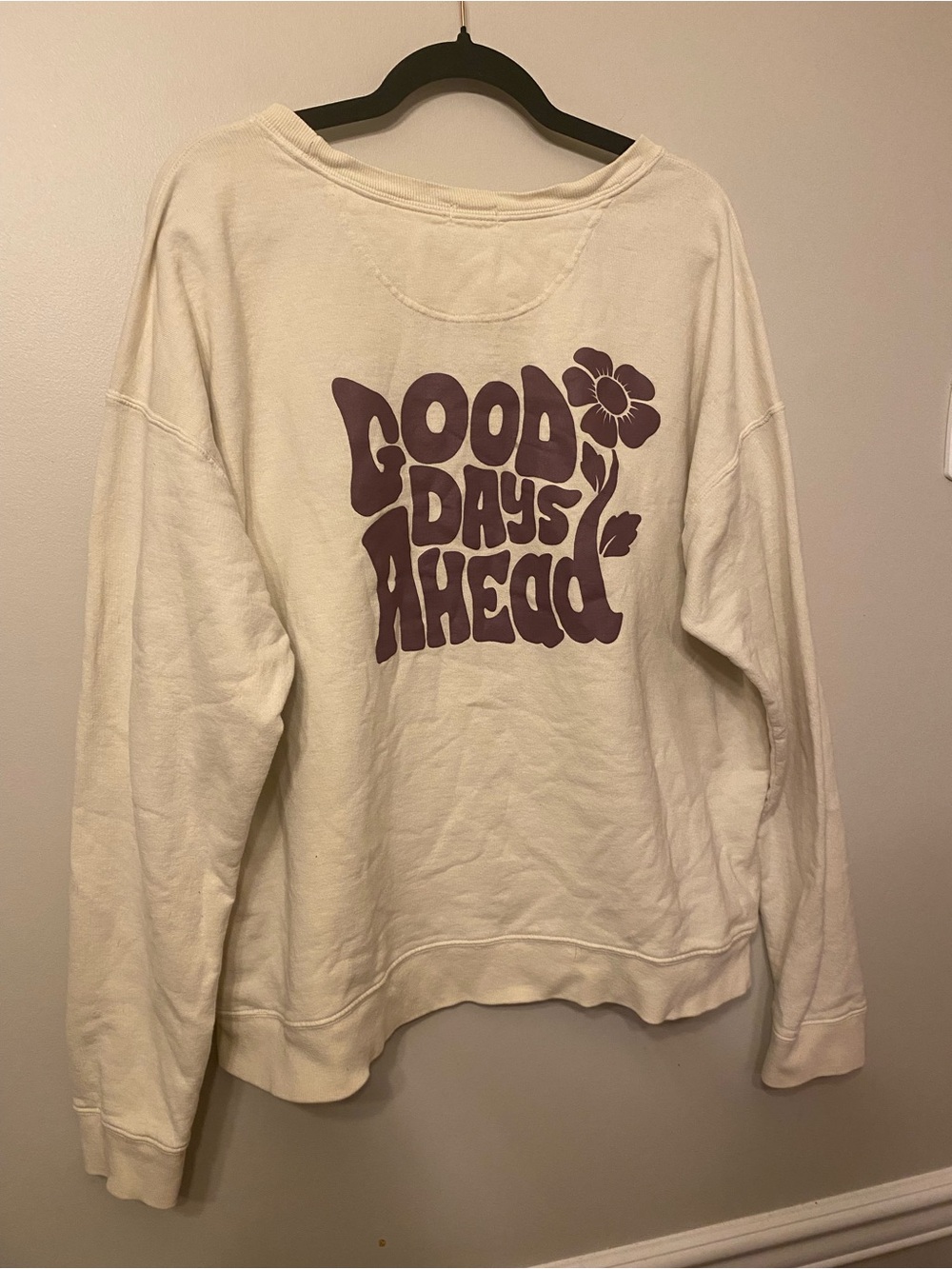 Hanes Cream Crewneck Sweatshirt with Purple "Good Days Ahead" Graphic
